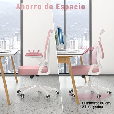 Silla de escritorio ergonómica con reposabrazos abatible 90° y soporte lumbar, silla de oficina con asiento acolchado-Rosa