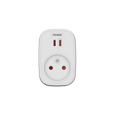 Presso muro MOBILITY LAB bianca con modulo di ricarica integrato, 2 porte USB-C PD 45W e 1 presa di corrente europea