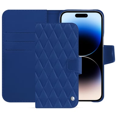 Housse cuir Apple iPhone 15 Pro Max - Rabat portefeuille - Bleu - Cuir lisse couture