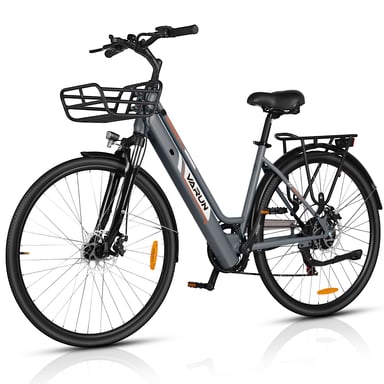 Bicicletta elettrica VARUN C7008 con cestino anteriore, 28 pollici, per uso urbano, con batteria da 36 V e 10 Ah
