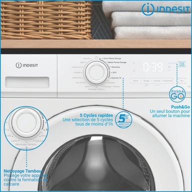 Lave-linge hublot INDESIT IMA762MYTIMEFR - 7 kg - Induction - 1200 trs/min - Push&Go - Classe A - Blanc