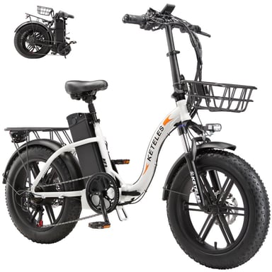 Le vélo électrique pliable KETELES KF9 est équipé d'un moteur de 1000 W, d'une batterie de 48 V 35 Ah, d'une vitesse maximale de 40 km/h, d'une autonomie de 120 km, de pneus de 20 x 4 pouces et est de couleur blanche.