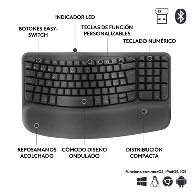 Logitech Wave Keys for Business, teclado ergonómico inalámbrico con reposamanos acolchado, tecnología Logi Bolt segura, Bluetooth, compatible con Wind