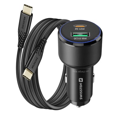 Caricatore per auto USB-C 45W PD e USB 3.0 18W QC con cavo USB-C