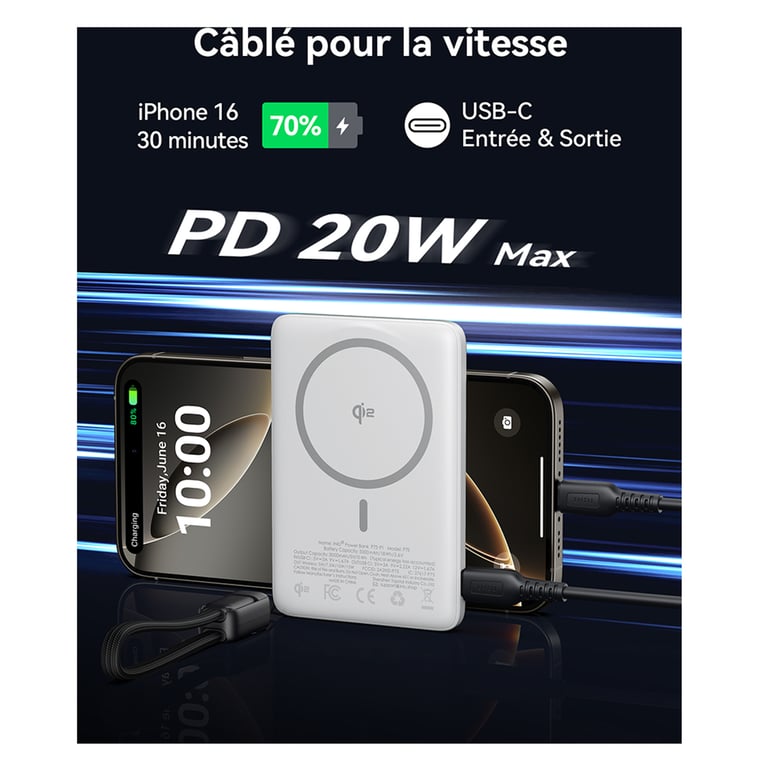 PB MagPro Slim 5k mAh Magnet+ USB C + cbl USB C Bk - vue 6