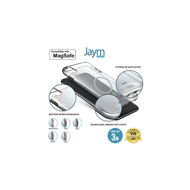 JAYM - Guscio ultra rigido per Apple iPhone 14 - Compatibile con Magsafe - Certificato per cadute da 3 metri - Garanzia a vita - Trasparente - 5 set di pulsanti colorati inclusi