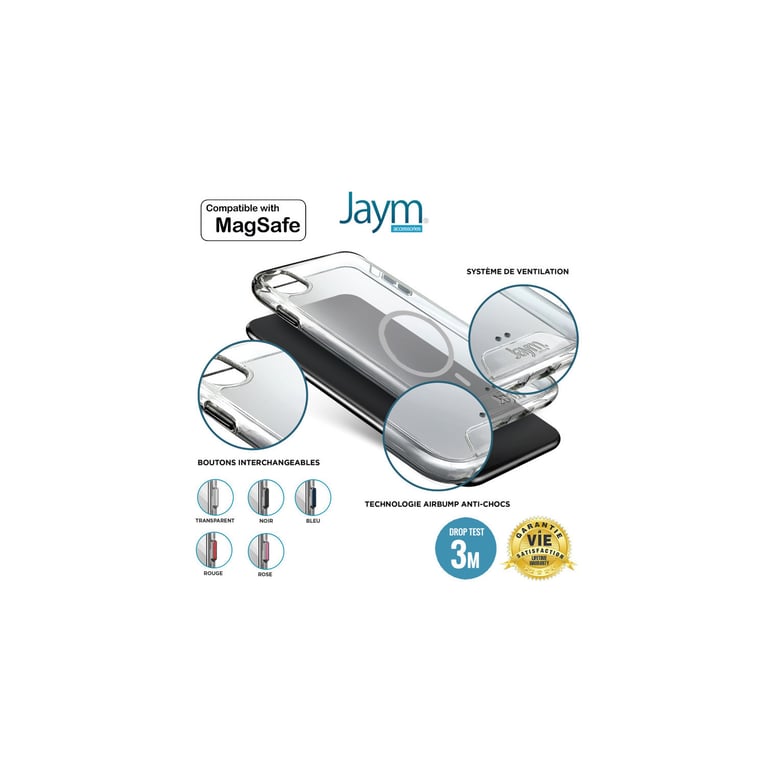 JAYM - Coque Ultra Renforcée Premium pour Apple iPhone 14 Pro Max - Compatible Magsafe - Certifiée 3 Mètres de chute - Garantie à Vie - Transparente - 5 Jeux de Boutons de Couleurs Offerts
