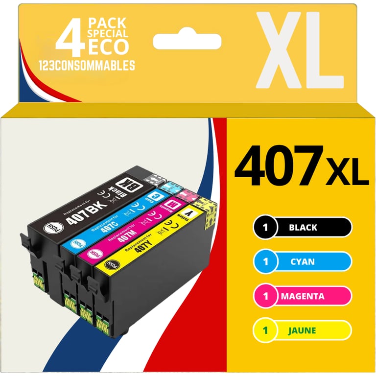 123CONSOMMABLES Pack de 12 Cartouches d'encre compatibles avec Epson 407XL WorkForce Pro WF 4745DTWF 3 Noires 3 Cyan 3 3 Jaune Neuf