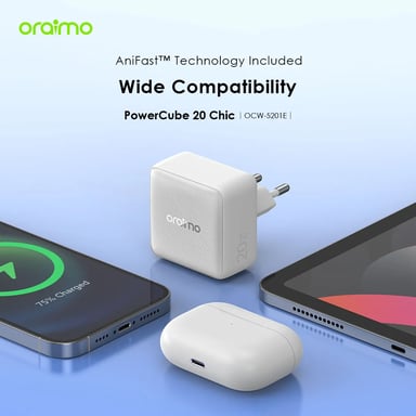 oraimo PowerCube 20W Kit – Cargador GaN 20W con cable USB-C a Lightning incluido