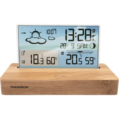 THOMSON Reloj despertador digital Compatible con el clima Sensor externo Doble alarma Pantalla a color Azul / Marrón