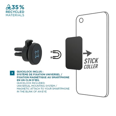 Support Téléphone Voiture Grille d'Aération, Support Smartphone Magnétique, Rotation 360°, Universel - Noir