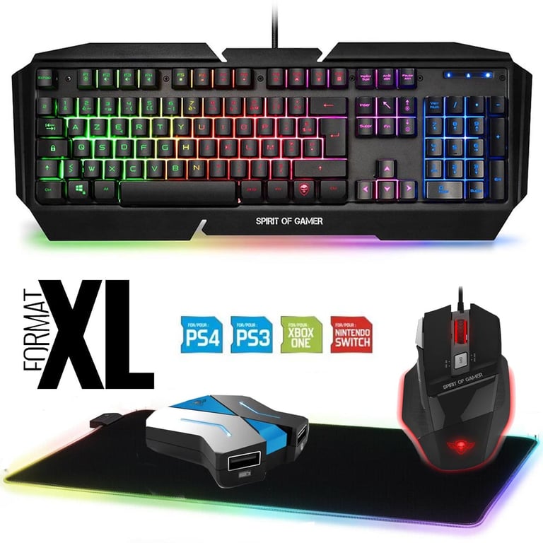 Pack Gaming Clavier Souris Convertisseur Tapis LED pour Switch, XB1, PS4,  PC - Spirit Of Gamer