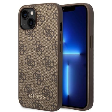 Custodia Guess per iPhone 14 6.1'' marrone 4G Logo oro metallo
