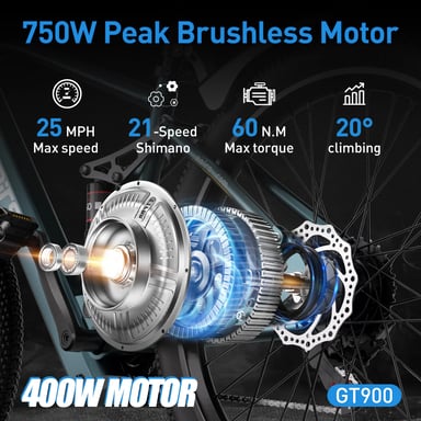 Aairsk GT900 26'' VTT et vélo de ville électrique Bleu, vitesse maximale de 25 km/h, vitesses 7/21 et double suspension