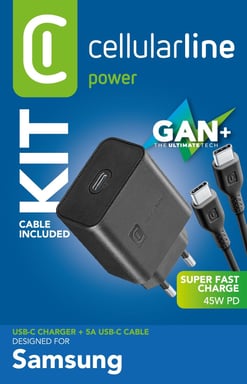 Cellularline Super Fast Charger Kit PD 45W Chargeur de secteur USB-C de 45W avec câble USB-C à USB-C