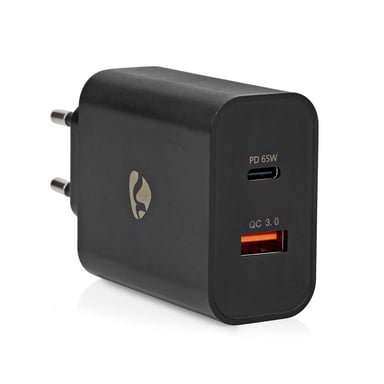 Nedis Cargador de pared USB-C 65W + Quick Charge 3.0 USB-A Negro