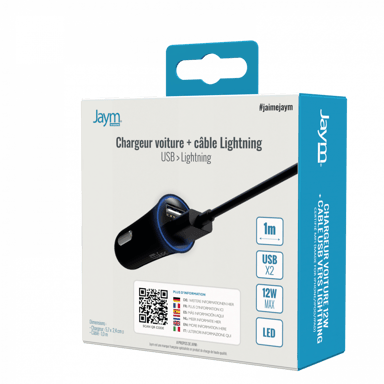 aym - Confezione di caricabatterie da auto a 2 porte USB 12W + cavo Lightning da 1 metro compatibile con Lightning MFI Nero