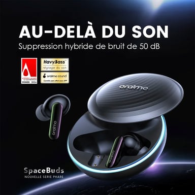 oraimo SpaceBuds – Écouteurs Bluetooth sans fil avec réduction de bruit hybride 50dB, Bluetooth 5.4, autonomie 40h, LEDs et mode Smart Chat