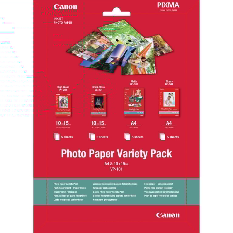 Canon Pack variété de papier photo 4 × 6 10 × 15 cm et A4 VP 101 de 20 feuilles Neuf