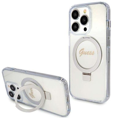 Étui Guess pour iPhone 15 Pro 6.1'' transparent étui rigide Ring Stand Script Glitter MagSafe