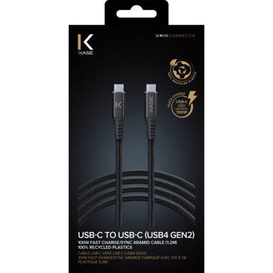 Câble USB-C vers USB-C (USB4 GEN2) 100W Fast Charge/Sync Aramide fabriqué avec 100 % de plastique (1,2M), Noir