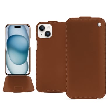 Housse cuir Apple iPhone 15 - Rabat vertical - Marron - Cuir lisse