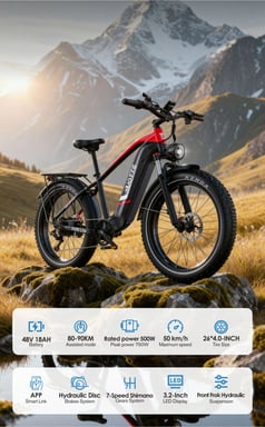 Bicicleta eléctrica DUOTTS F26 Lite de 500 W con batería de 48 V y 18 Ah, neumáticos anchos de 26'', autonomía de 80-90 km, frenos de disco hidráulicos y cambio Shimano de 7 velocidades