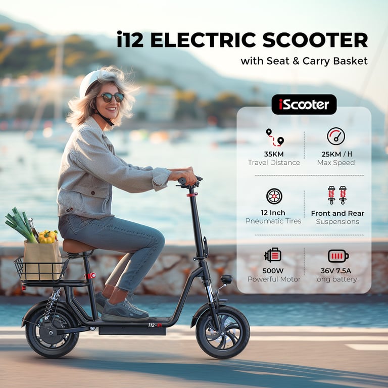 iScooter i12 - Patinete eléctrico con asiento para adultos, 500 W, 12 pulgadas, doble suspensión, para desplazamientos urbanos, con cesta, color negro