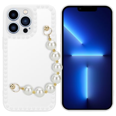Coque pour Apple iPhone 13 PRO en Blanc avec perles Housse de protection Étui en silicone TPU flexible et avec tour de cou chaîne de poignet