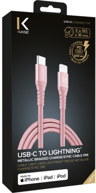 Câble USB-C vers Lightning certifié MFi Apple métallisé tressé Charge/sync (1M), Or Rose
