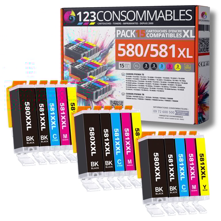 123CONSOMMABLES 580XXL 581XXL Cartouches d'encre Compatible avec Canon 581 580 pour TS8150 TS6150 TS8250 TS6151 TR8550 TR7550 TS8151 TS9150 8 / 4 Cyan / 4 / 4 Jaune Neuf - vue 5