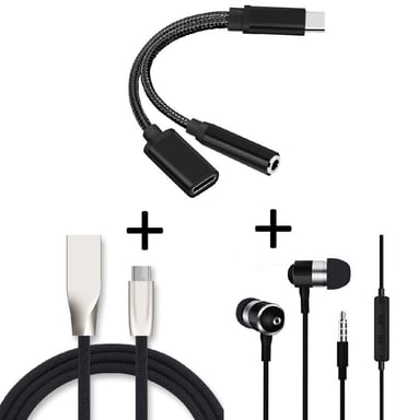 Pack pour Smartphone (Adaptateur Type C/Jack + Cable Fast Charge Type C + Ecouteurs Metal) (NOIR)