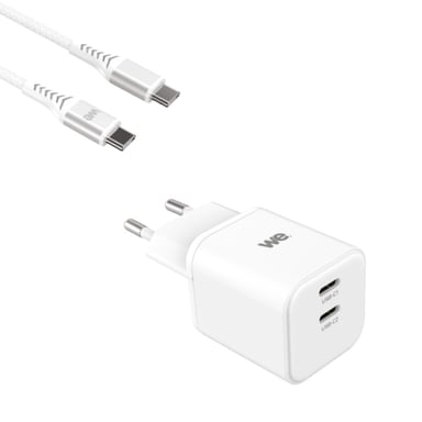 Bundle chargeur WE PC GaN 2 ports USB-C 45W - PD3.0 + câble USB-C/USB-C 2m - Blanc