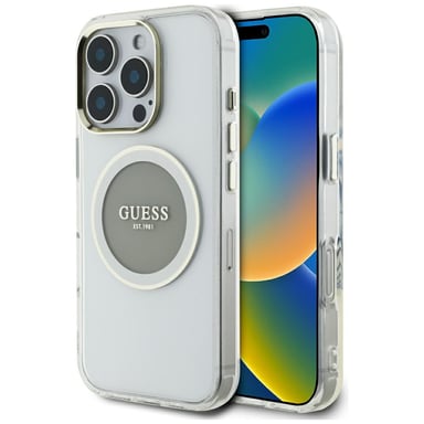 Étui Guess IML Metal Colored Circle Classic Logo MagSafe pour iPhone 16 Pro Max gris