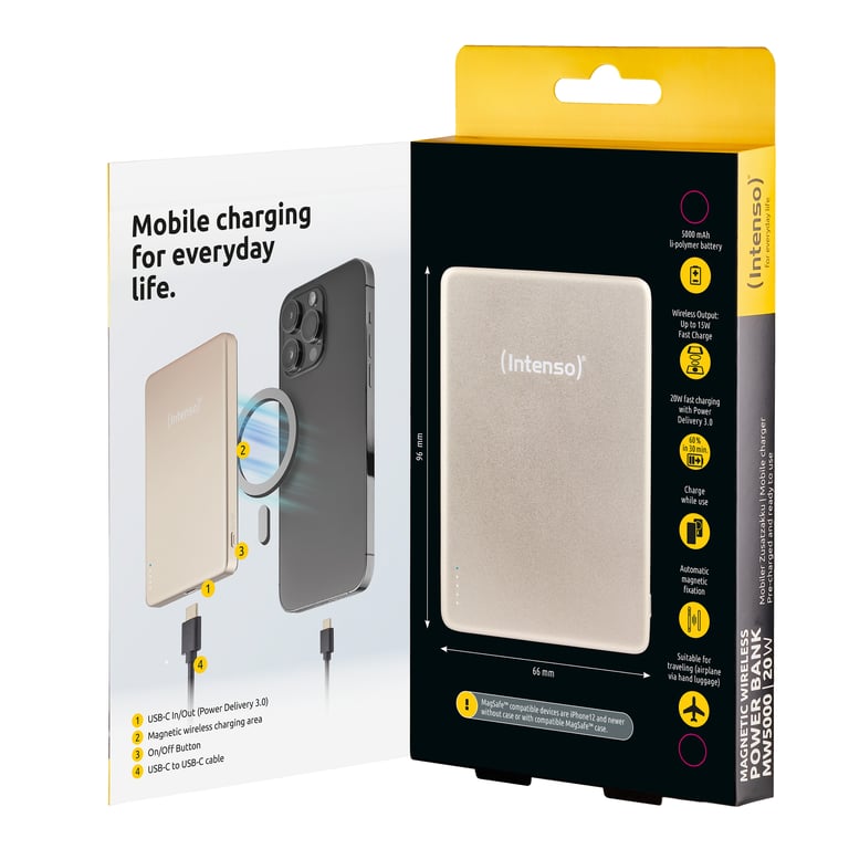 Intenso Batterie externe magnétique MW5000 5000 mAh – Compatible MagSafe Charge sans fil USB C PD Fine & Compacte – Testée en Allemagne – Champagne Neuf - vue 3