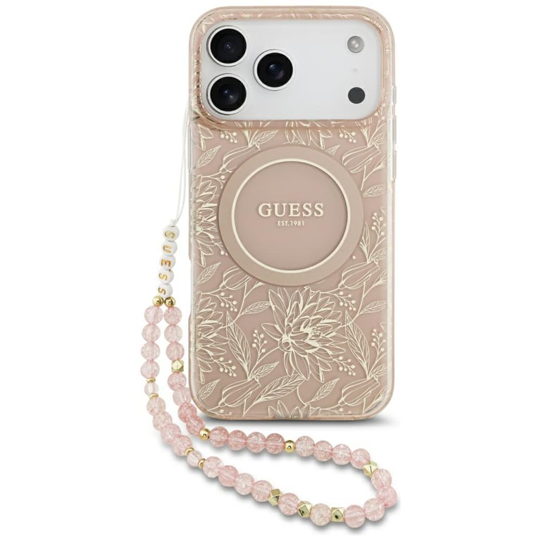 Guess Etui IML Flowers Electro Pearl Strap MagSafe do iPhone 17 Pro Max ró?owy