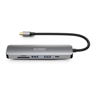 URBAN FACTORY Hub 6 en 1 Multiports USB-C HDMI / 2USB-A / USB-C / Lectores Tarjeta SD Micro SD Negro / Plateado