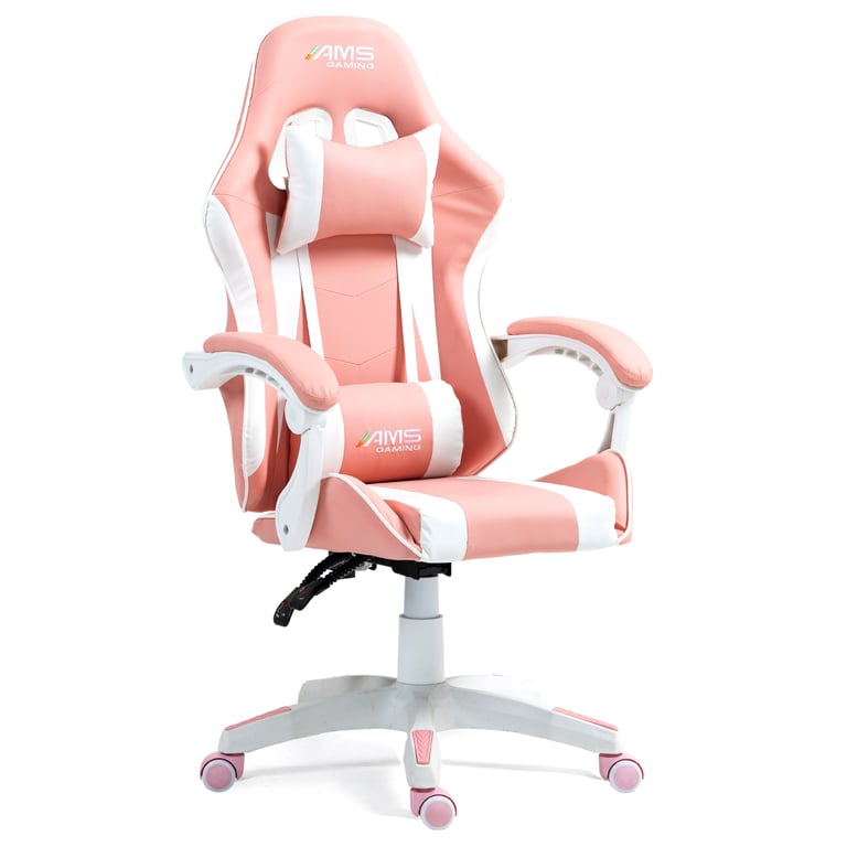 Chaise AMS-GAMING GAMER#02-PINK coloris noir & rose - coussin lombaire & appuie tête - Siège gaming - Neuf