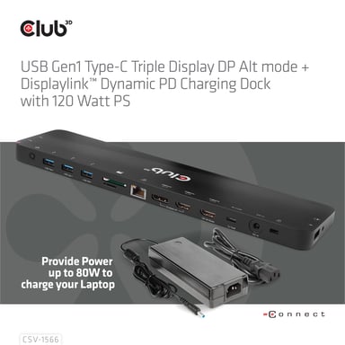 CLUB3D CSV-1566 base para portátil y replicador de puertos Acoplamiento USB 3.2 Gen 1 (3.1 Gen 1) Type-C Negro