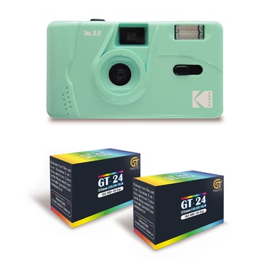 KODAK M35 - Appareil Photo Rechargeable 35mm, Objectif Grand Angle Fixe, Viseur Optique, Flash Intégré - Vert Menthe + 2 Pellicules GT24 35mm Couleur  24 Expositions