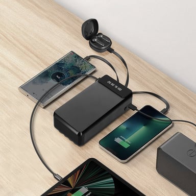 Batería reserva LinQ 25800mAh 4en1 Cable extraíble y salida USB compacta Negro