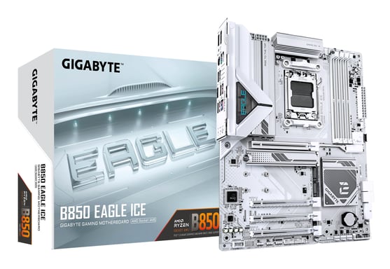 GIGABYTE B850 EAGLE ICE Carte Mère – Processeurs AMD Ryzen série 9000, VRM numérique 8+2+2 phases, jusqu'à 8200 MHz DDR5 (O.C), 1 x M.2 PCIe 5.0 + 2 x M.2 PCIe 4.0, LAN 2.5 GbE, USB 3.2 Gen 2 - Neuf