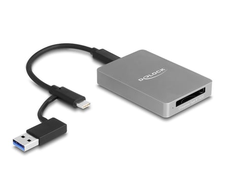 Lettore di schede DeLOCK USB Type-C in una custodia in alluminio per schede di memoria CFexpress o XQD