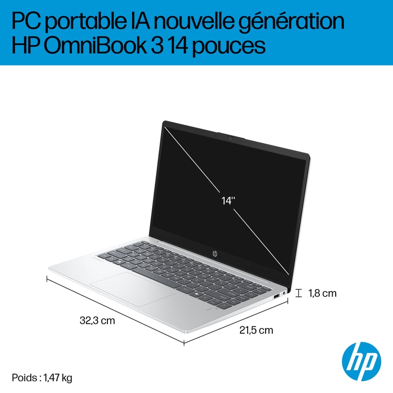 PC Portable HP Omnibook 3 14 ha0015nf Windows 11 14 FHD IPS Ryzen AI 5 340 RAM Stockage SSD AZERTY - vue 5