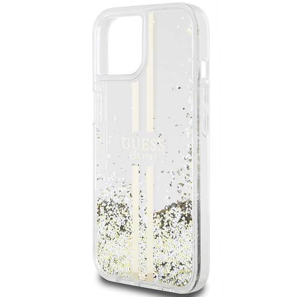 Guess Étui pour iPhone 15 Plus 6.7 transparent étui rigide Liquid Glitter Gold Stripes Gris - vue 3