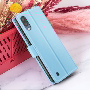 Zanaé Funda tipo cartera para Galaxy M10 con función de soporte y lengüeta magnética Azul Claro