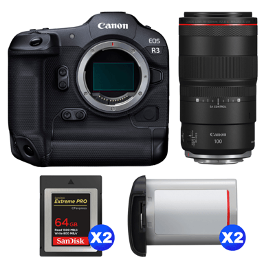 Appareil photo hybride Canon EOS R3 + RF 100mm f/2.8 L Macro IS USM + 2 SanDisk 64GB Extreme PRO CFexpress Type B + 2 Canon LP-E19 + Ebook ''20 astuces pour des images qui claquent''