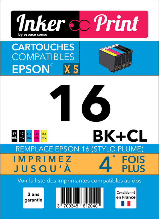 Pack de Cartouches d'encre recyclées compatibles avec EPSON 16 XL (Noir et Couleurs)