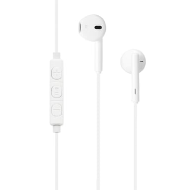 Auricolari WE con connettore Lightning bianco. Cavo da 1,20 mm, microfono integrato, telecomando integrato nel cavo.