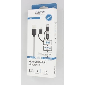 cavo micro-USB, 3 in 1, con adattatore USB-C e Lightning, USB 2.0, 0,75 m